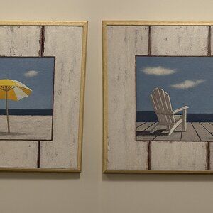 Two J. Wiens Beach Art Wood Plaques: Umbrella and Adirondack Chair